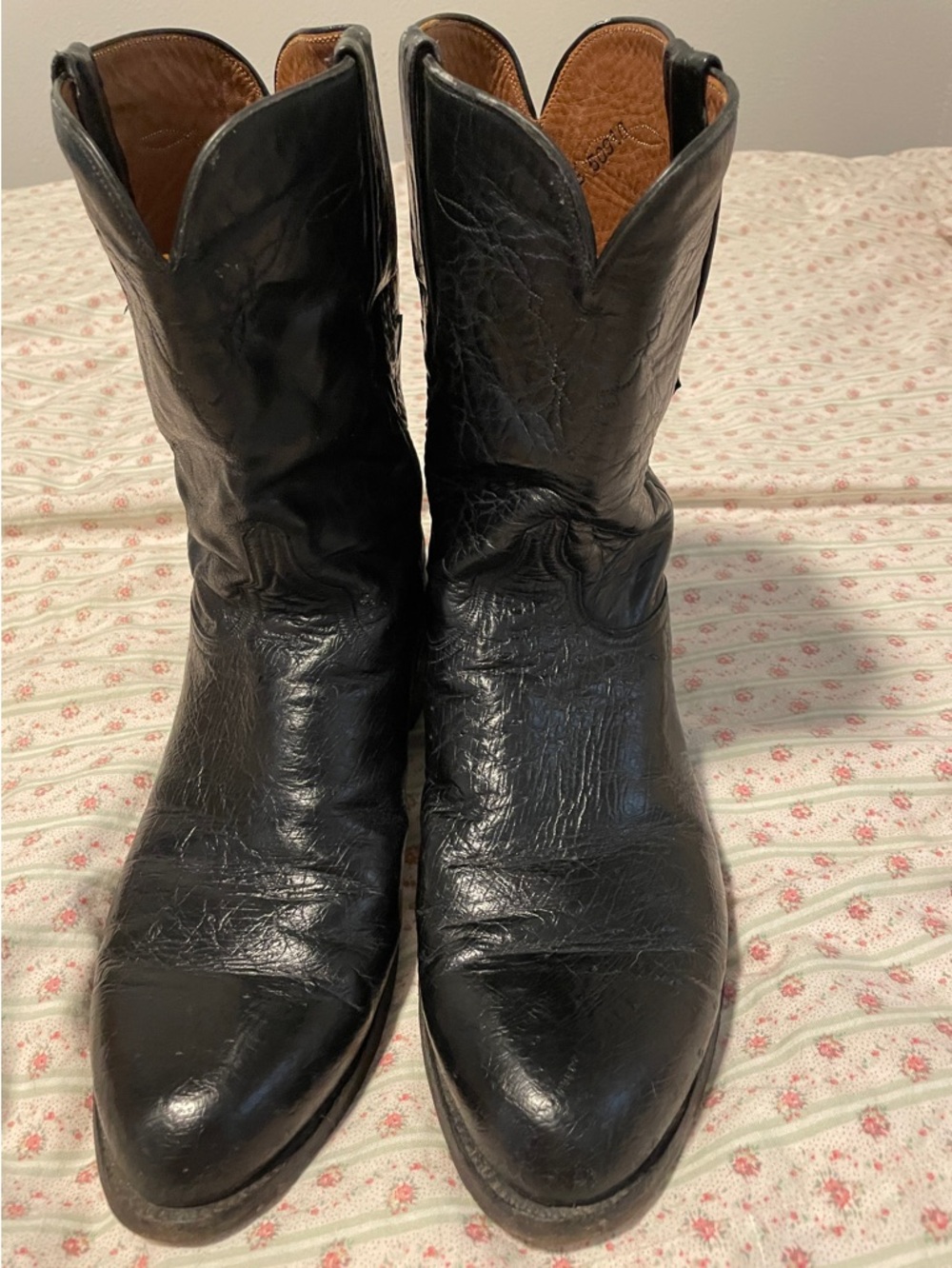 Lucchese Black Leather Western Mid-Calf Boots